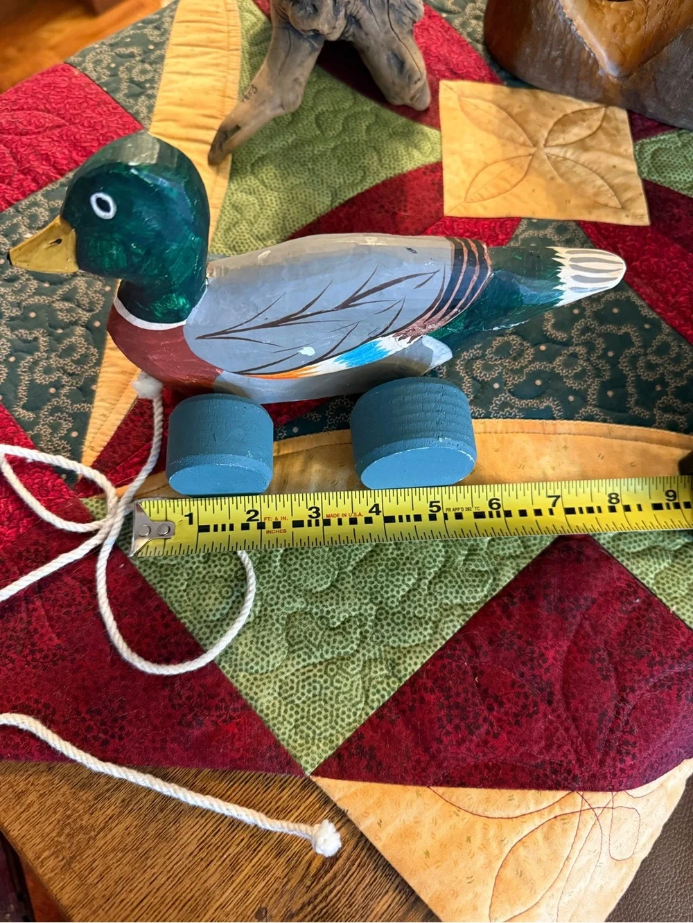 Vintage Hand-Painted Wooden Mallard Pull Toy Green/Brown/Blue